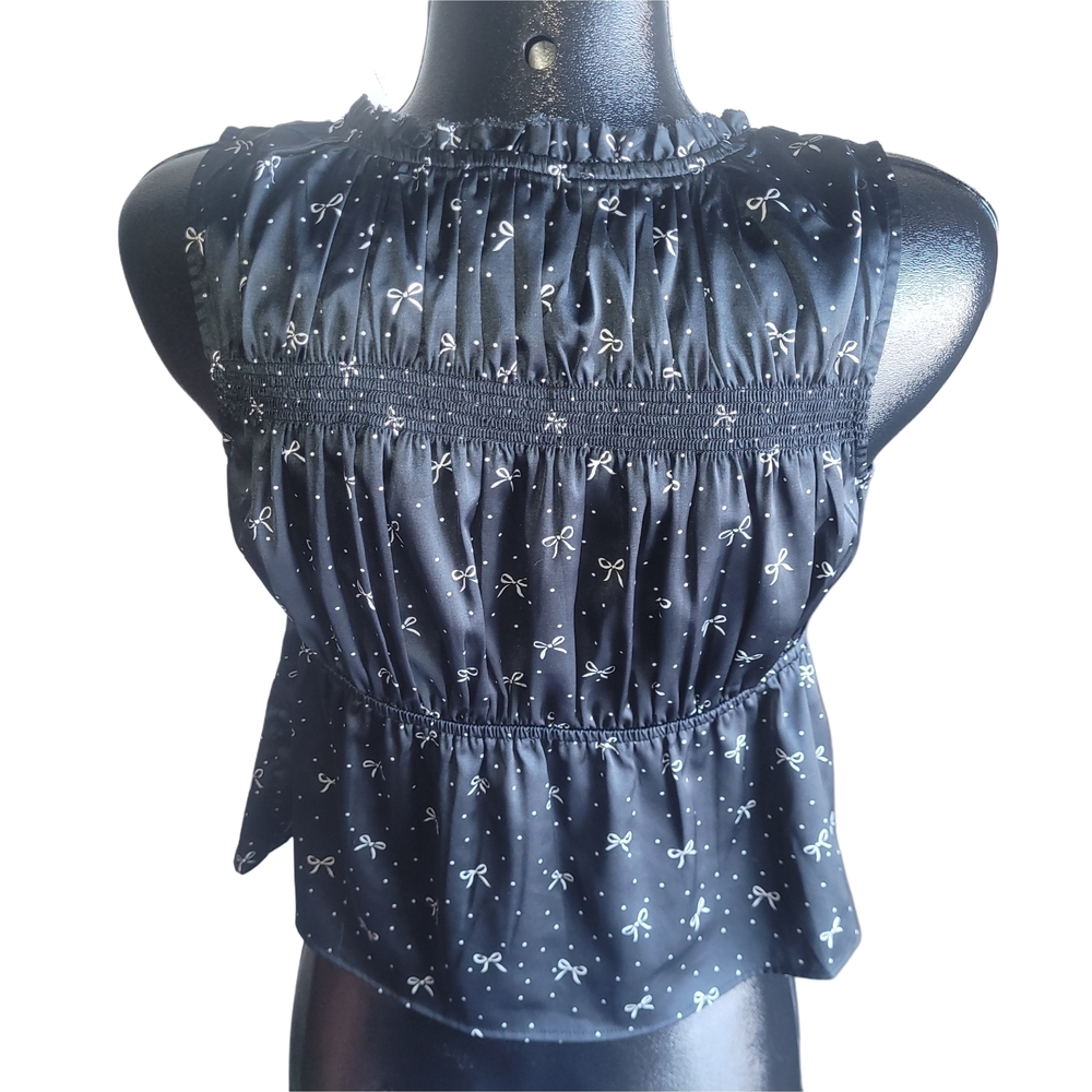American Eagle Black Double Tie-Front Cropped Babydoll Top With Bow Print S - Picture 6 of 7
